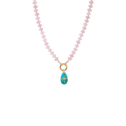 CZ Starburst Teardrop Natural Stone Pendant Beaded Clicker Necklace