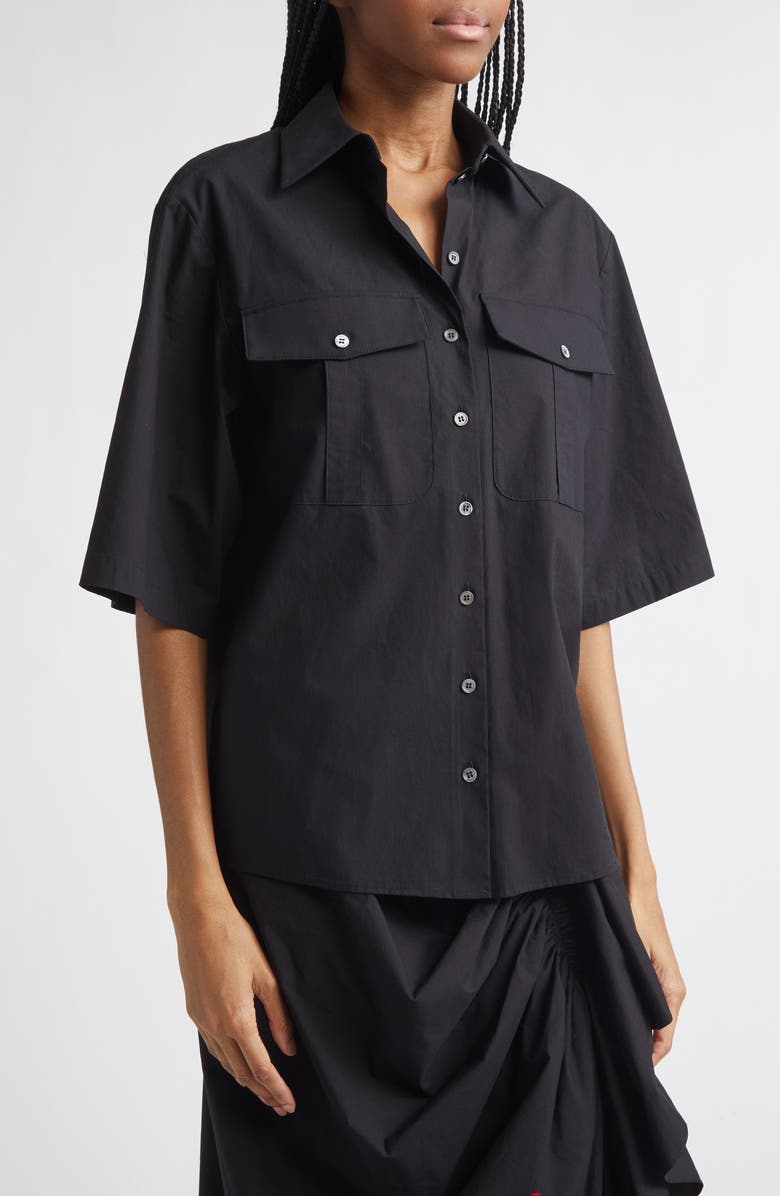 Michael Kors Collection Safari Washed Cotton Poplin Camp Shirt, Alternate, color, Black