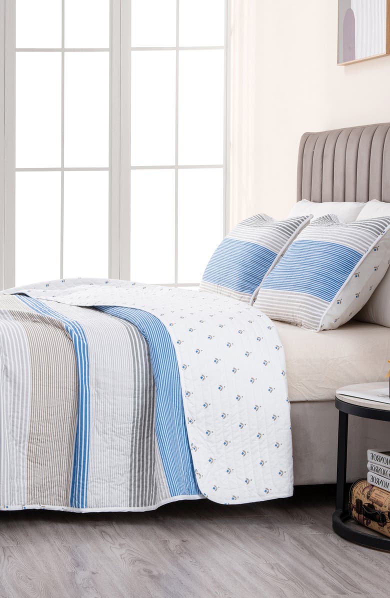 Woven & Weft Stripe Quilt & Sham Set, Alternate, color, Blue / Taupe