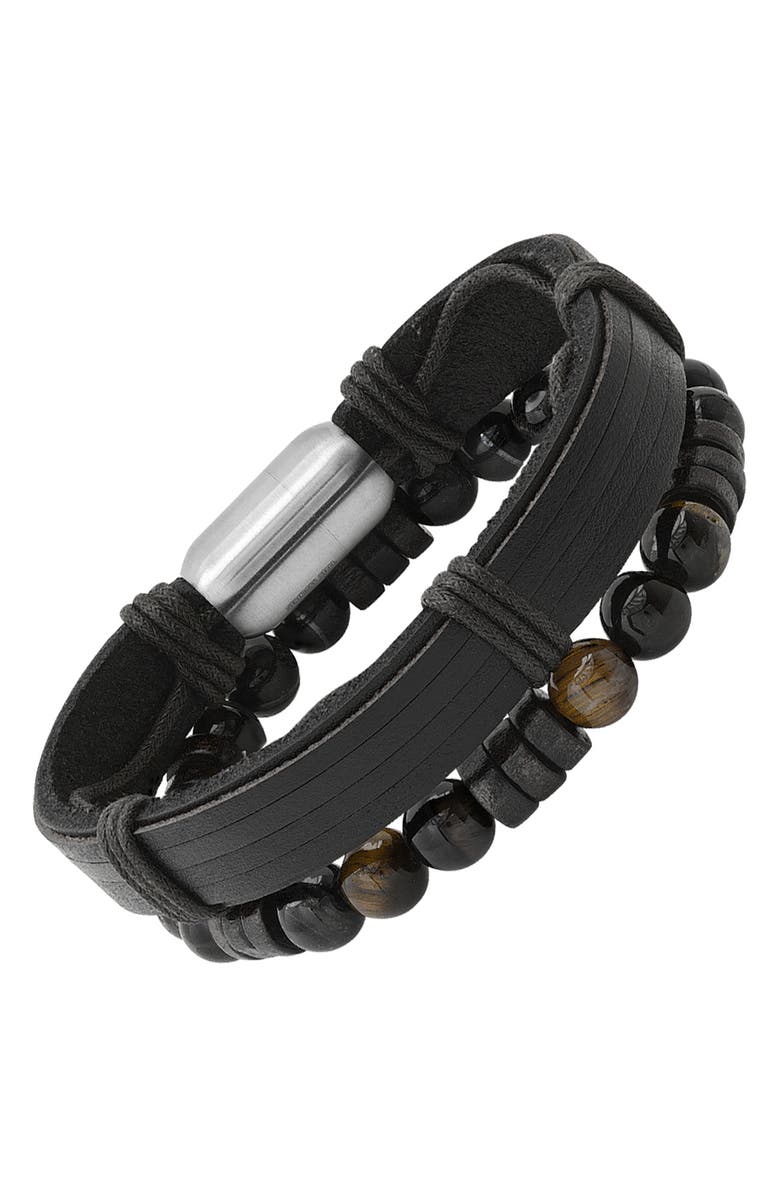 HMY JEWELRY Black Leather Beaded Bracelet, Alternate, color,