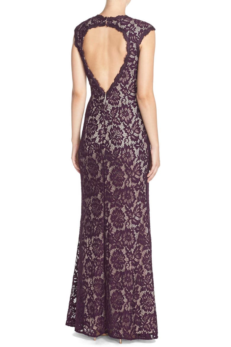 Illusion V-Neck Lace Trumpet Gown, Alternate, color, PLUM/ NUDE