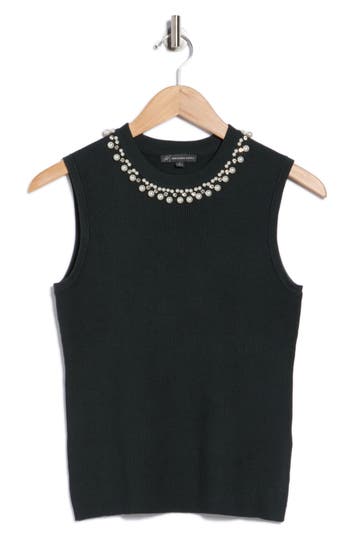 Adrianna Papell Faux Pearl & Rhinestone Collar Sleeveless Sweater In Green