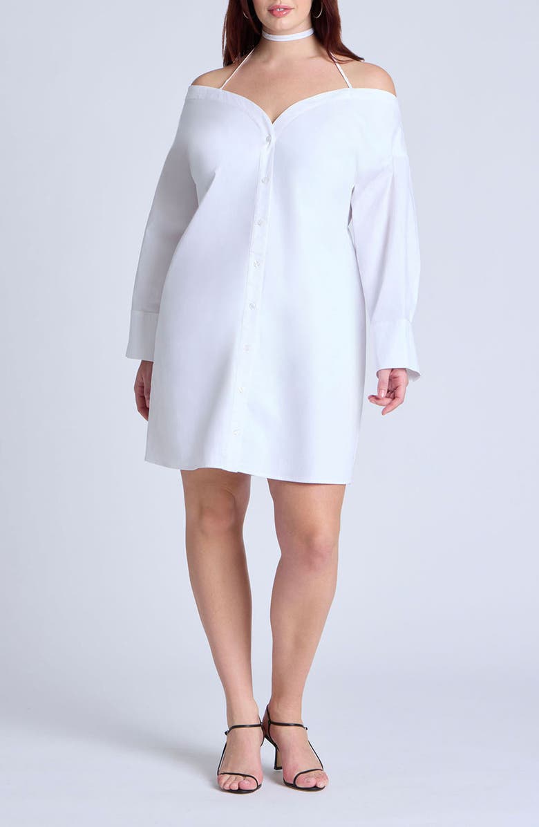 ELOQUII Halter Strap Off the Shoulder Long Sleeve Cotton Blend Poplin Minidress, Main, color, 