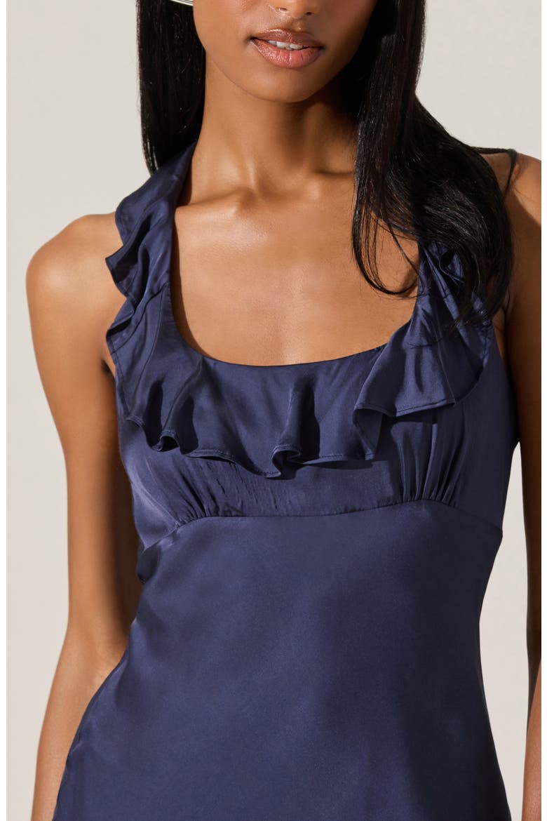 Morrigan Ruffle Halter Satin Maxi Dress, Alternate, color, NAVY