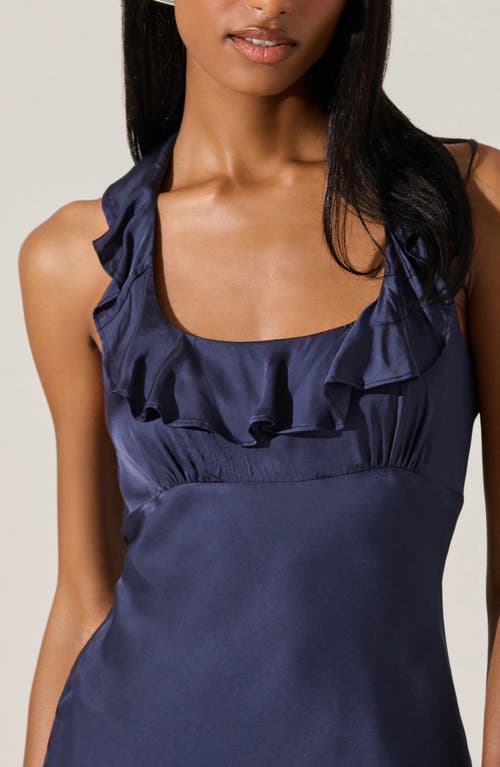 Astr The Label Morrigan Ruffle Halter Satin Maxi Dress In Blue