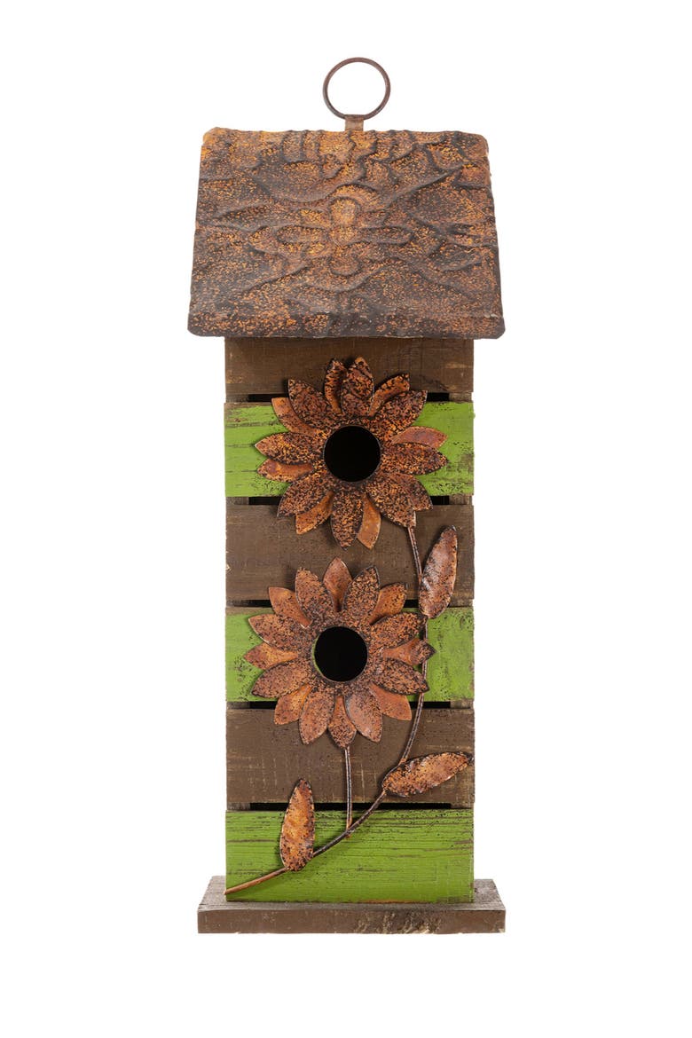 14.5"H Two-Tiered Distressed Solid Wood Birdhouse With Flowers, Alternate, color, Green