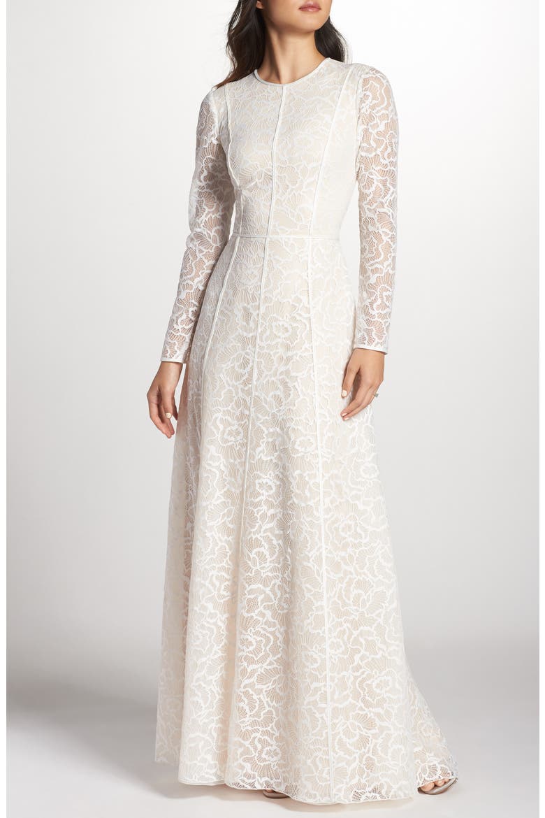Sheer Sleeve Lace A-Line Gown, Main, color, IVORY/ PETAL