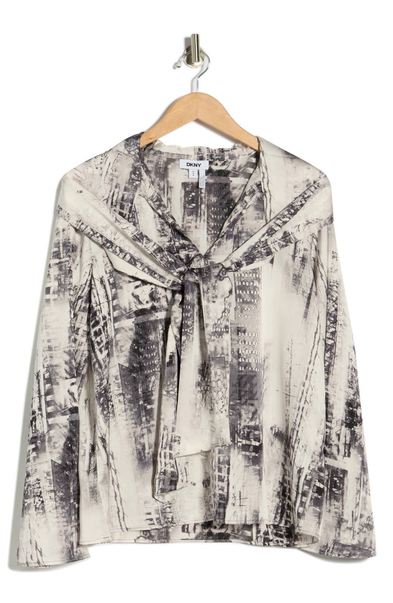 DKNY Tie Neck Long Sleeve Satin Top, Alternate, color, Graphite