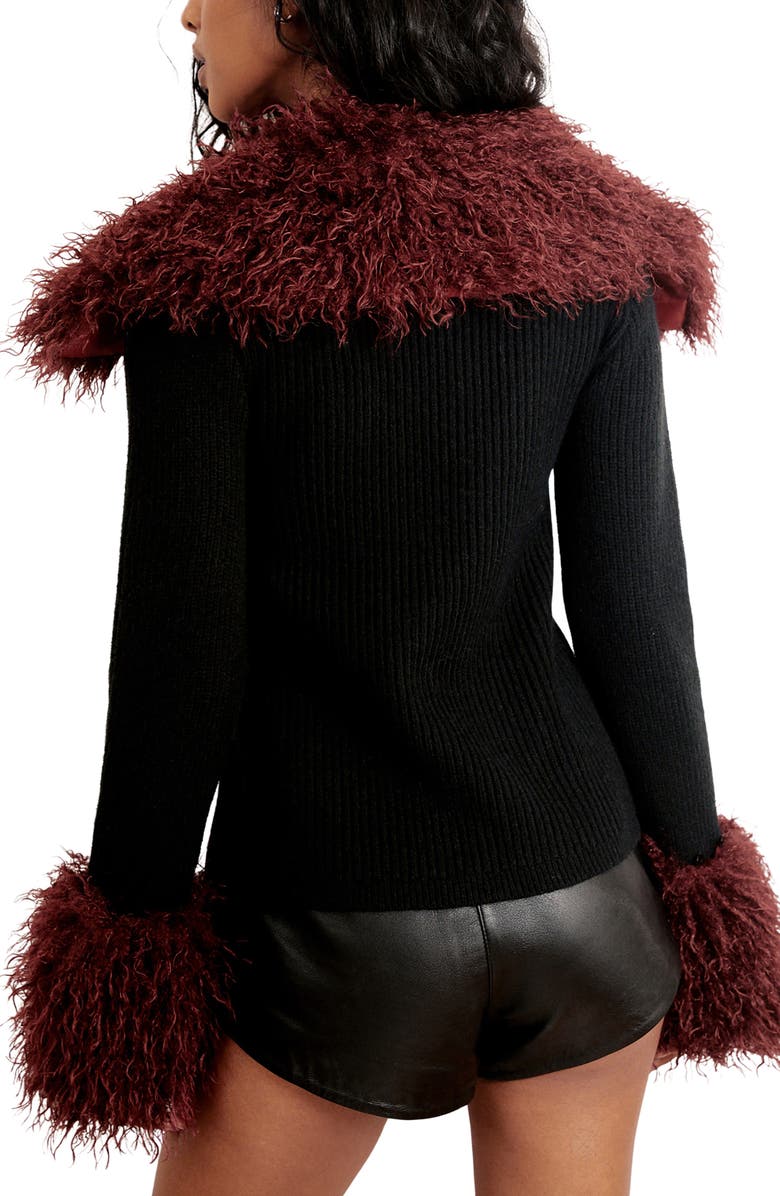 NASTY GAL Faux Fur Trim Lace-Up Cardigan, Alternate, color, Black