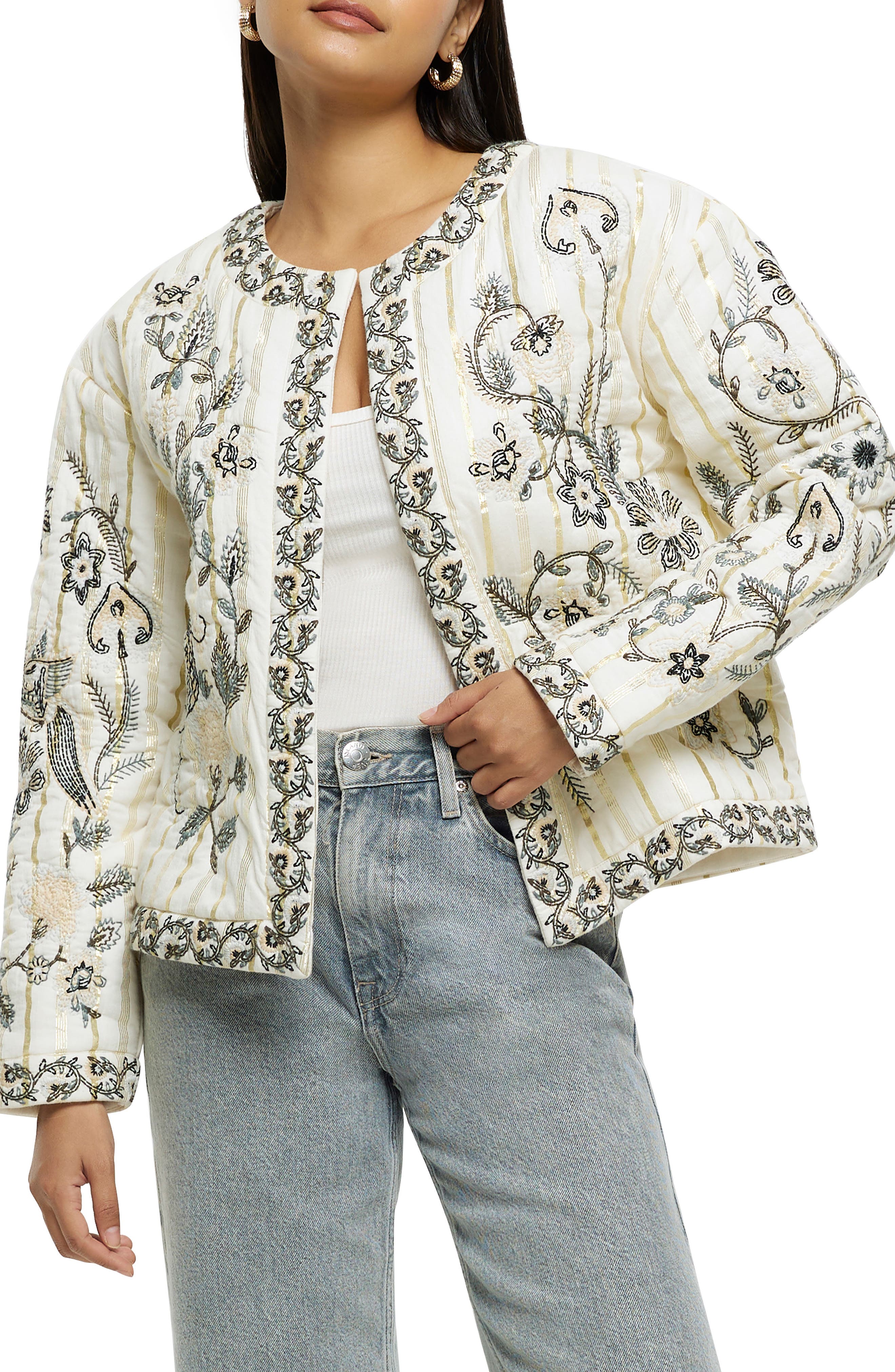 Floral Embroidered Metallic Stripe Jacket