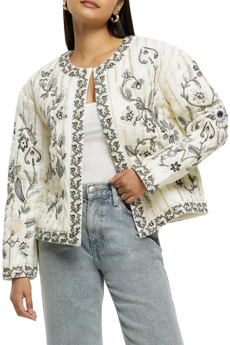 Floral Embroidered Metallic Stripe Jacket, Main, color, CREAM