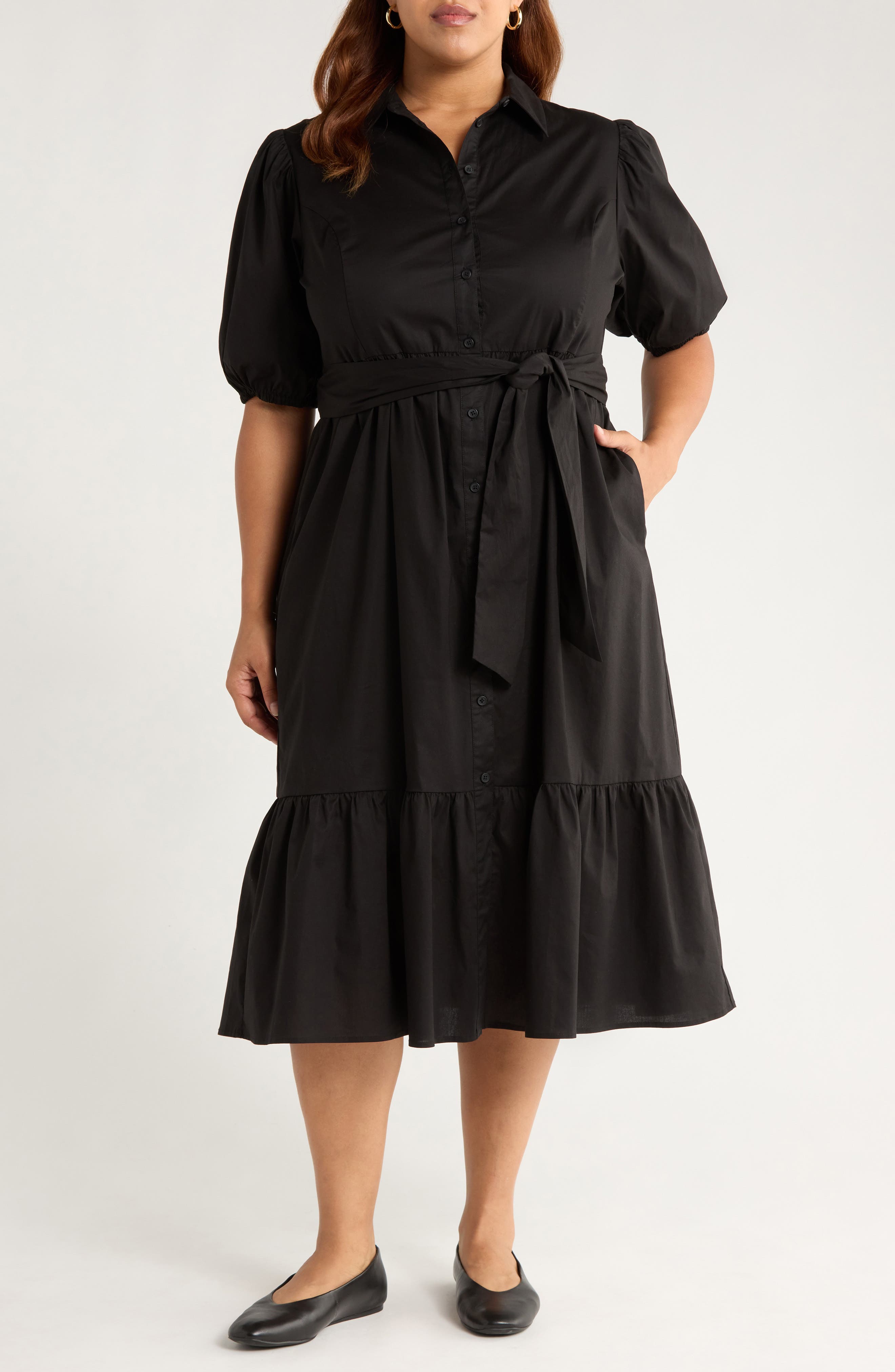Caslon® Ruffle Hem Stretch Cotton Shirtdress