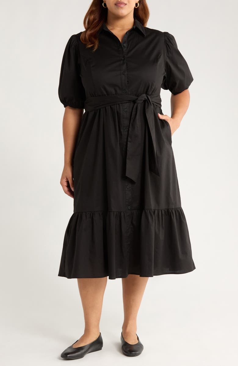Caslon<sup>®</sup> Ruffle Hem Stretch Cotton Shirtdress, Main, color, Black