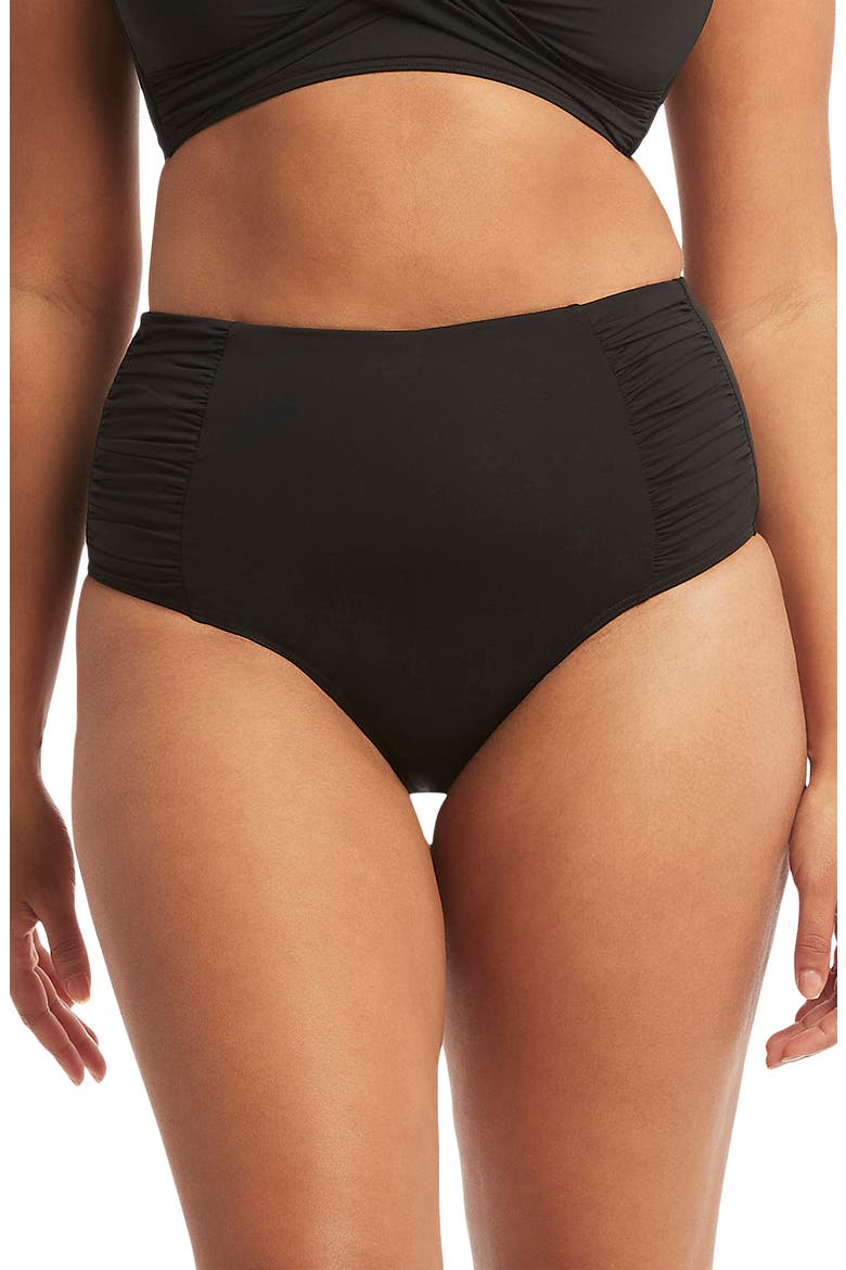 High Waist Gathered Side Swim Bottoms, Main, color, BLACK