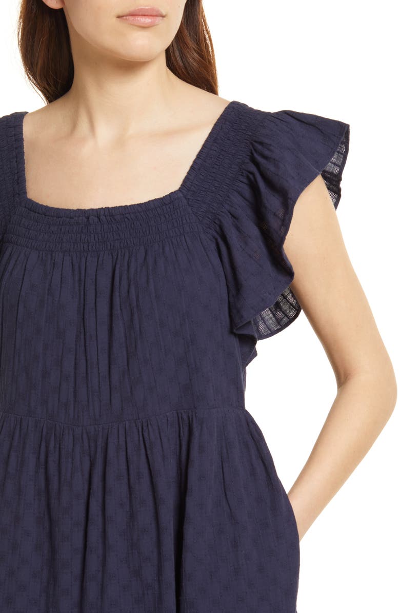 Madewell Women's Textured Check Ruffle Sleeve Tiered Midi Dress, Alternate, color,