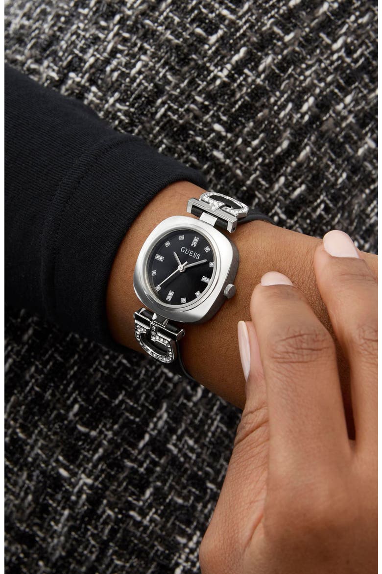 Crystal G-Logo Leather Strap Watch, 28mm, Alternate, color, BLACK