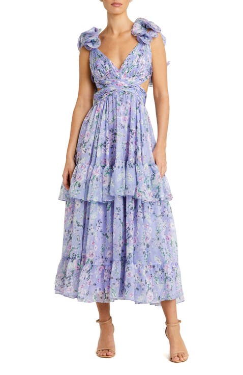 Ruffle Tiered Cut-Out Floral Chiffon Dress