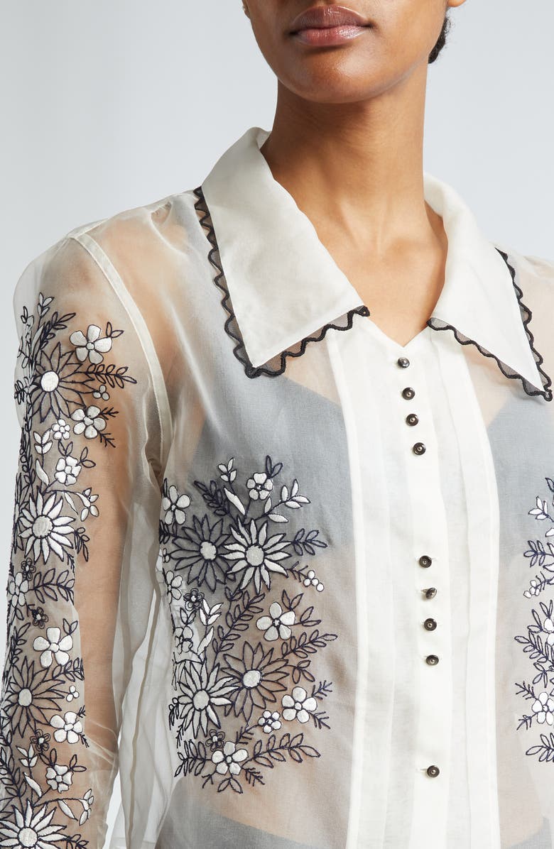 Bode Floral Embroidered Silk Organza Button-Up Shirt, Alternate, color, 