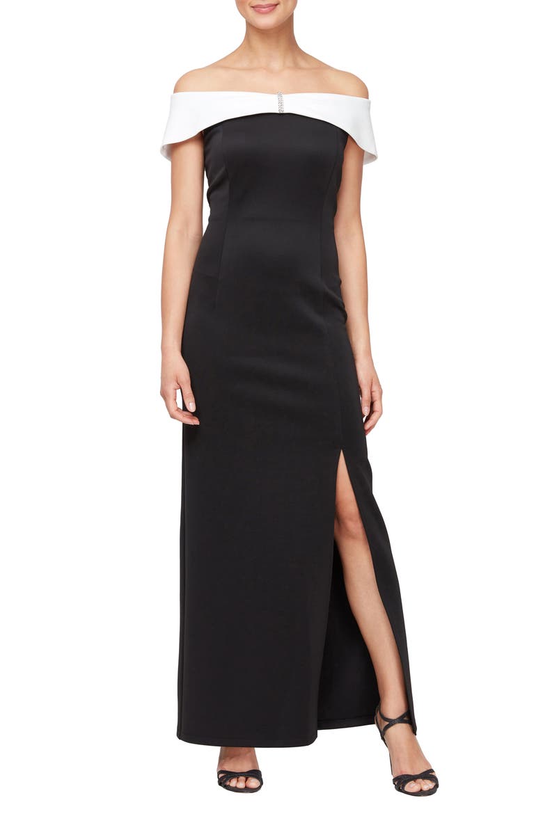 Off the Shoulder Column Gown, Main, color, BLACK IVORY