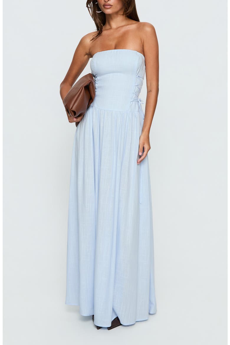 So Far So Good Strapless Linen Blend Maxi Dress, Main, color, BABY BLUE