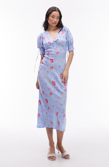 Topshop Floral Puff Sleeve Midi Dress In Blue