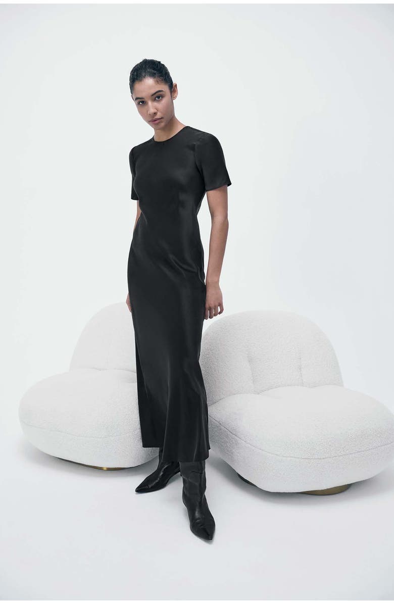 SILK LAUNDRY SHORT SLEEVE BIAS DRESS BLACK, Alternate, color, Black