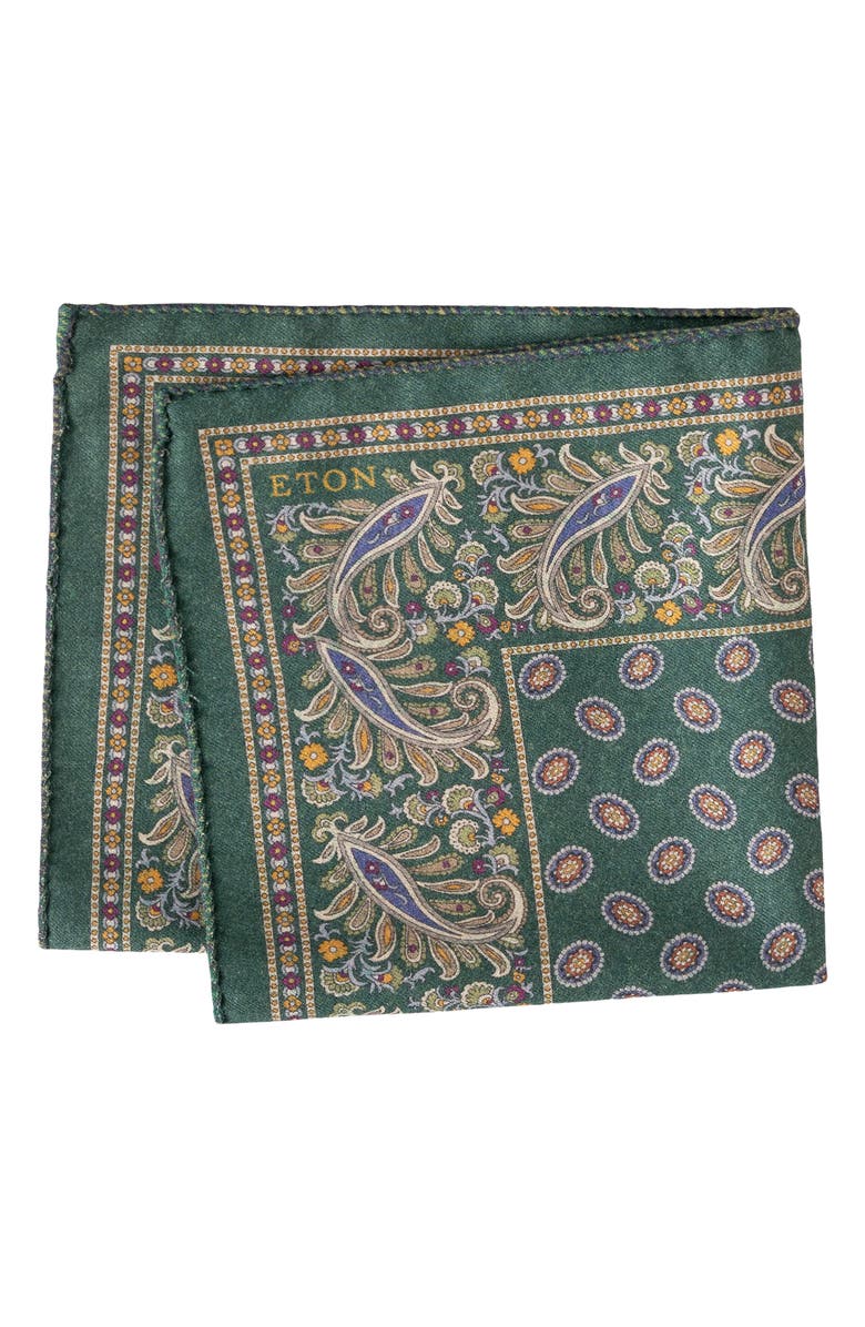 Eton Paisley & Plaid Reversible Wool Pocket Square, Main, color, Dark Green