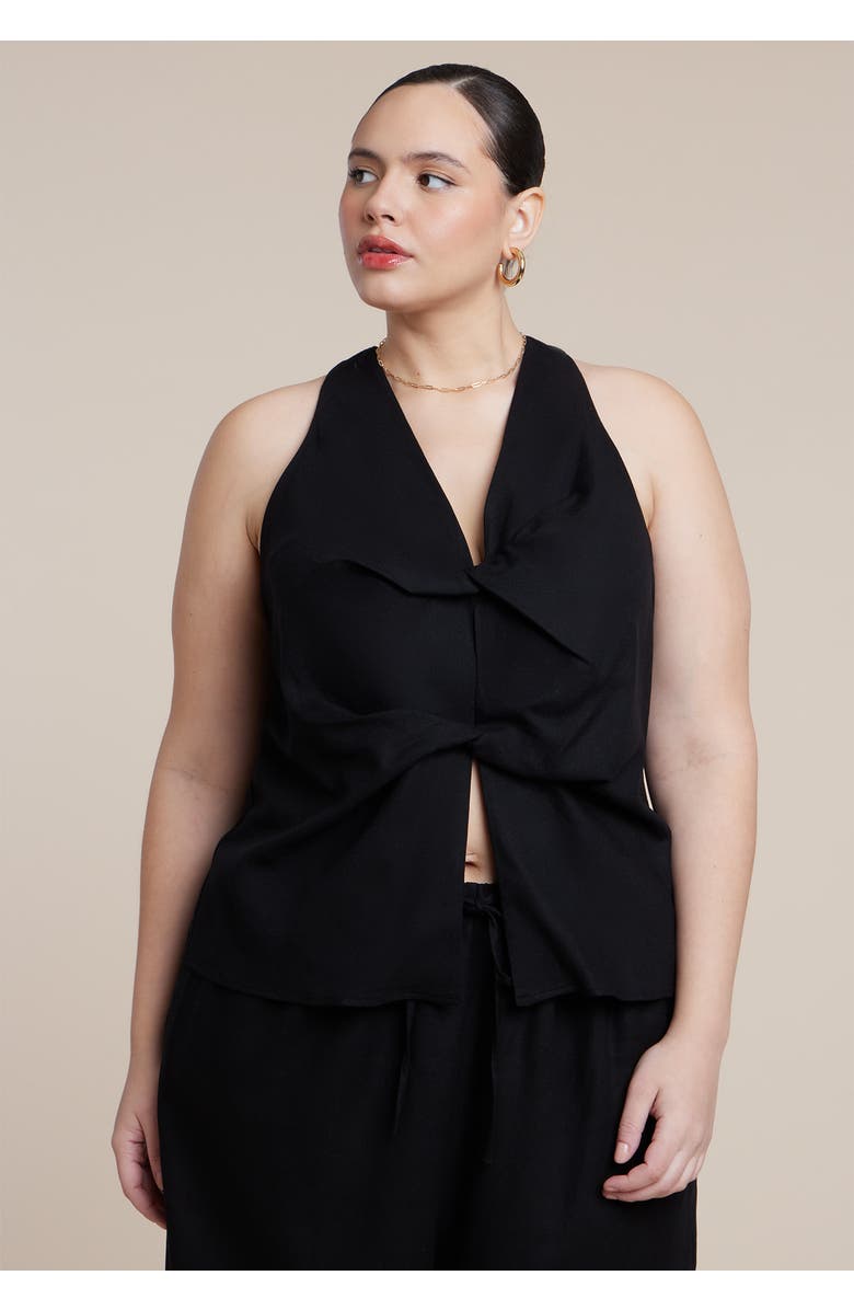 ELOQUII Twisted Linen Halter Top, Alternate, color, Black Onyx