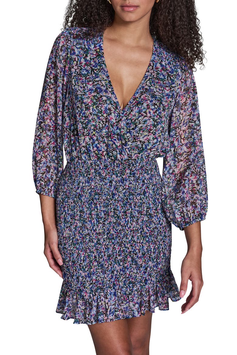 Floral Smocked Chiffon Minidress, Alternate, color, BLUE MULTI