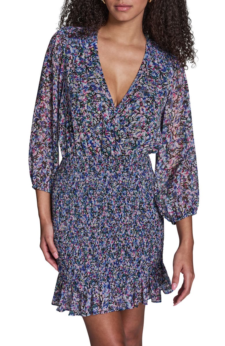 BCBG Floral Smocked Chiffon Minidress, Alternate, color, Blue Multi