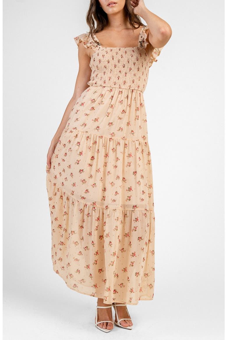 Smocked Tiered Floral Maxi Dress, Main, color, TAUPE