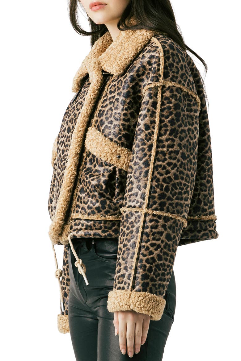 Bonded Leopard Print Faux Shearling Moto Jacket, Alternate, color, IN THE SHADOWS