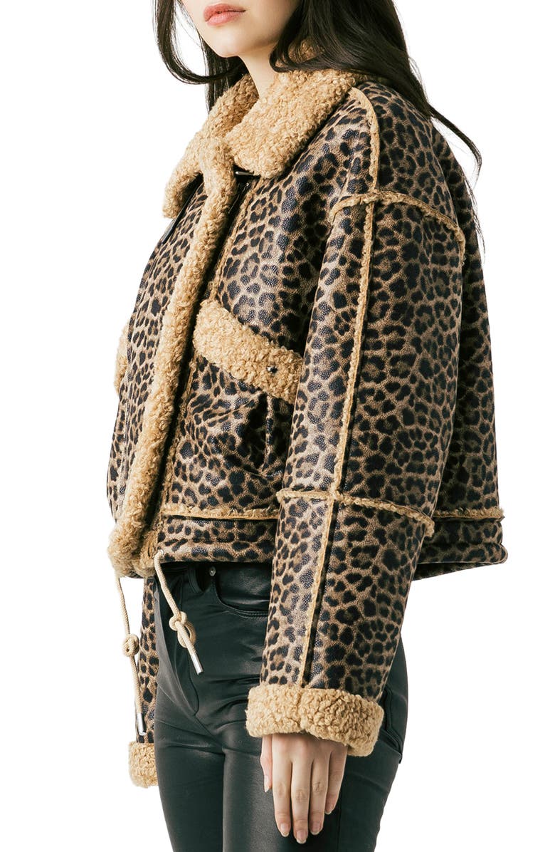 BLANKNYC Bonded Leopard Print Faux Shearling Moto Jacket, Alternate, color, In The Shadows