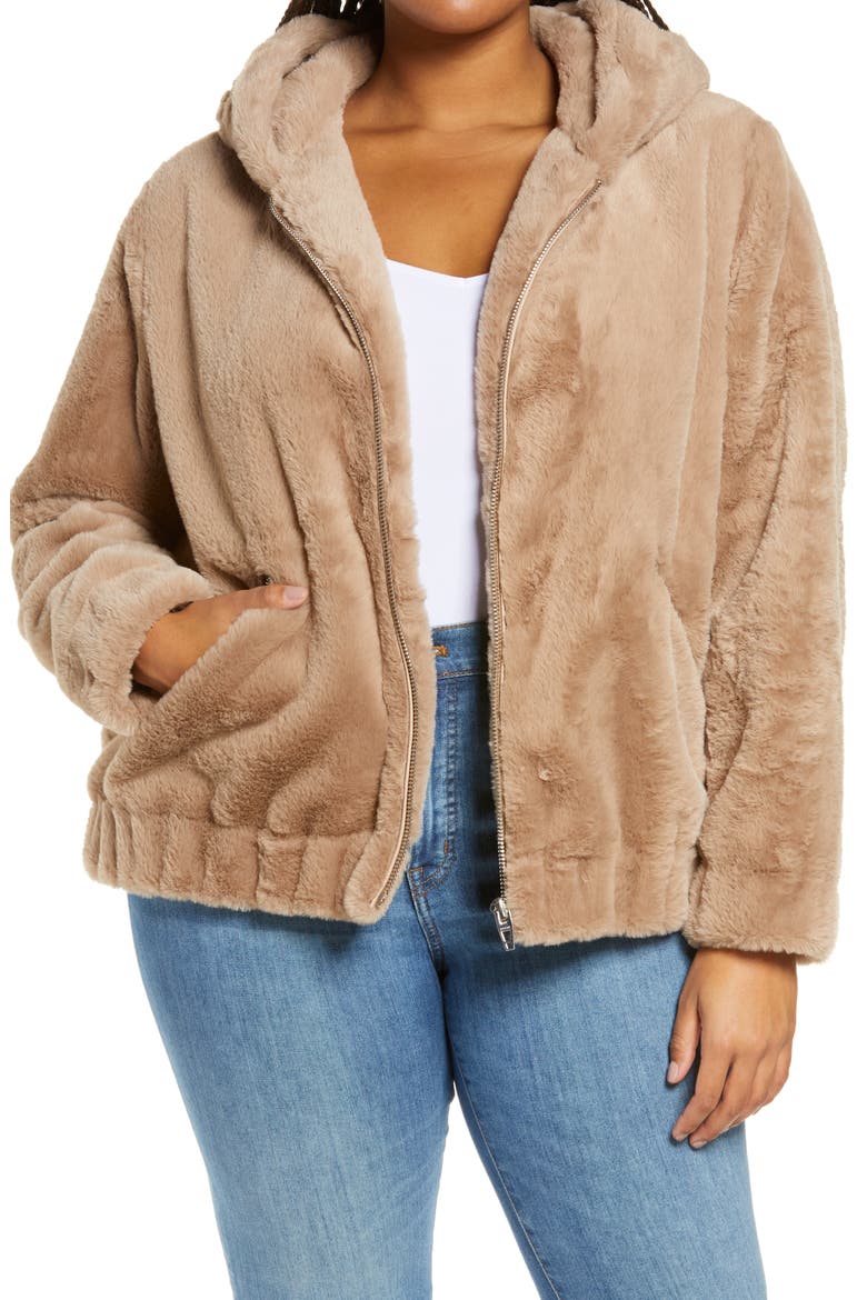 Faux Fur Hooded Jacket, Main, color, SAND STONER