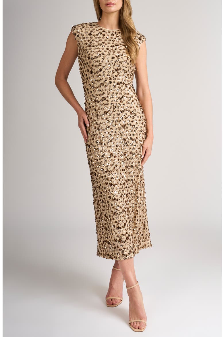 Rosie Sequin Cap Sleeve Sheath Midi Dress, Main, color, LIGHT CHAMPAGNE