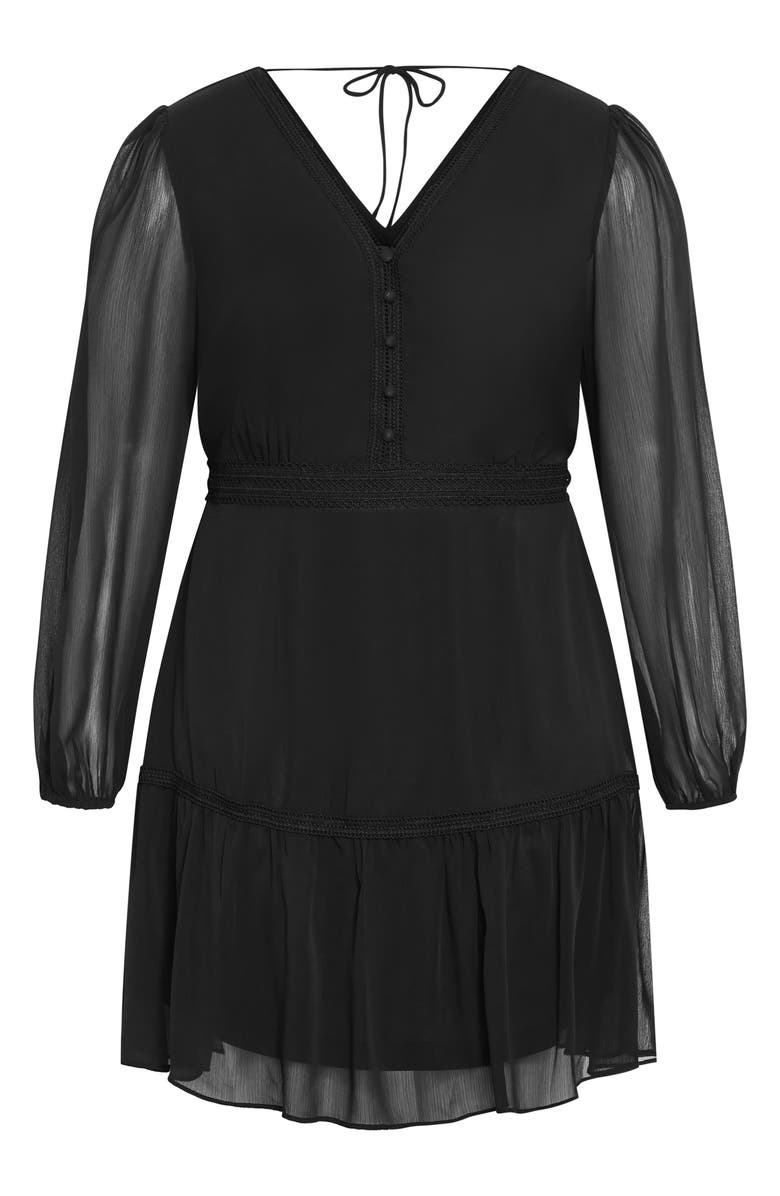 City Chic Navy Embroidered Sheer Balloon Sleeve Dress, Alternate, color, Black