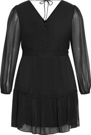 City Chic Navy Embroidered Sheer Balloon Sleeve Dress