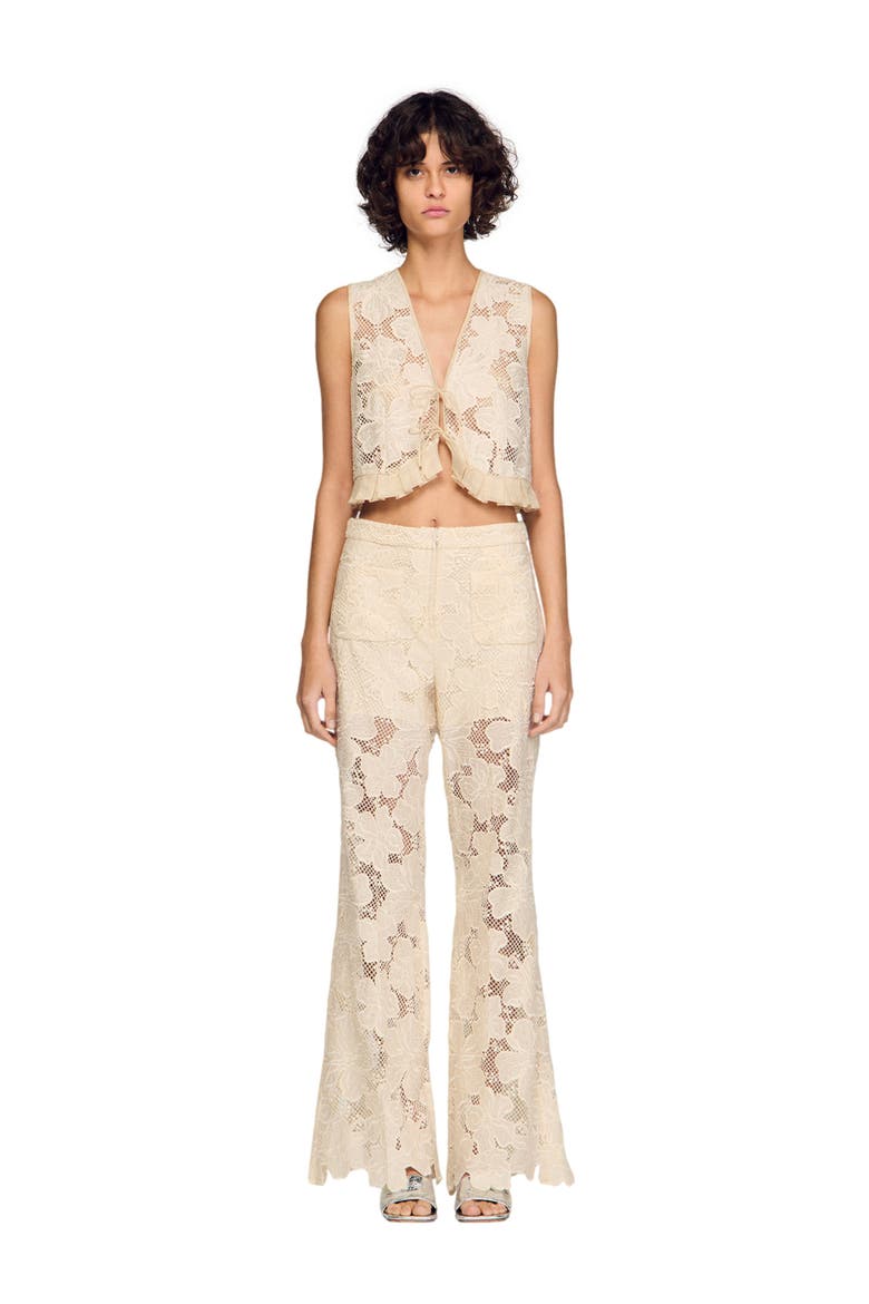 Guipure ruffle crop top, Alternate, color, Ecru