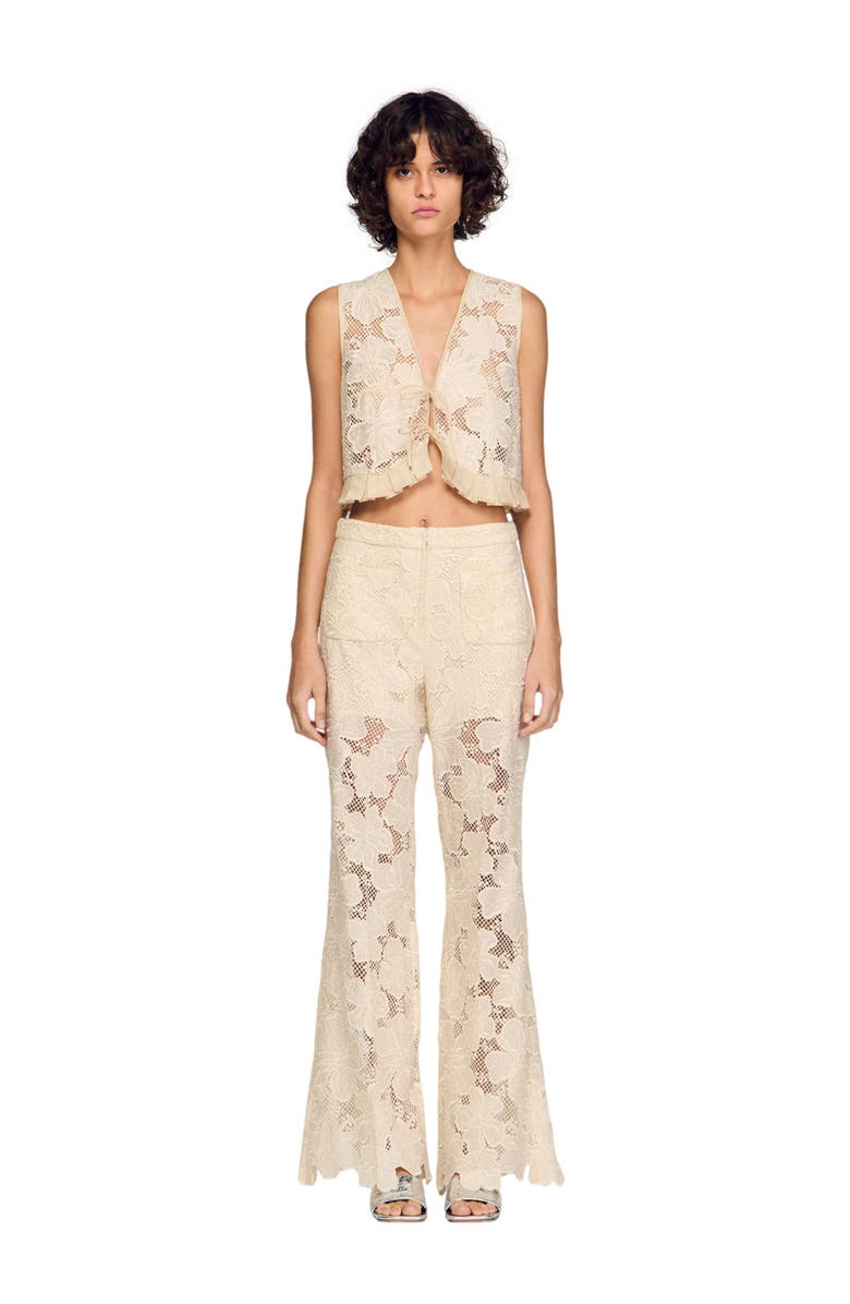 SANDRO Guipure ruffle crop top, Alternate, color, Ecru