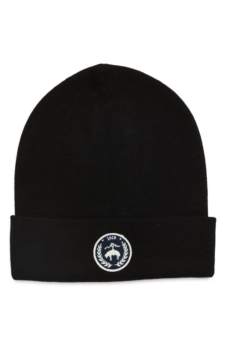 Brooks Brothers Wool Blend Patch Cuffed Beanie, Main, color, Black
