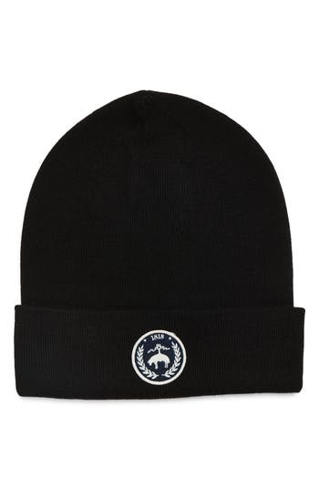 Brooks Brothers Wool Blend Patch Cuffed Beanie In Black