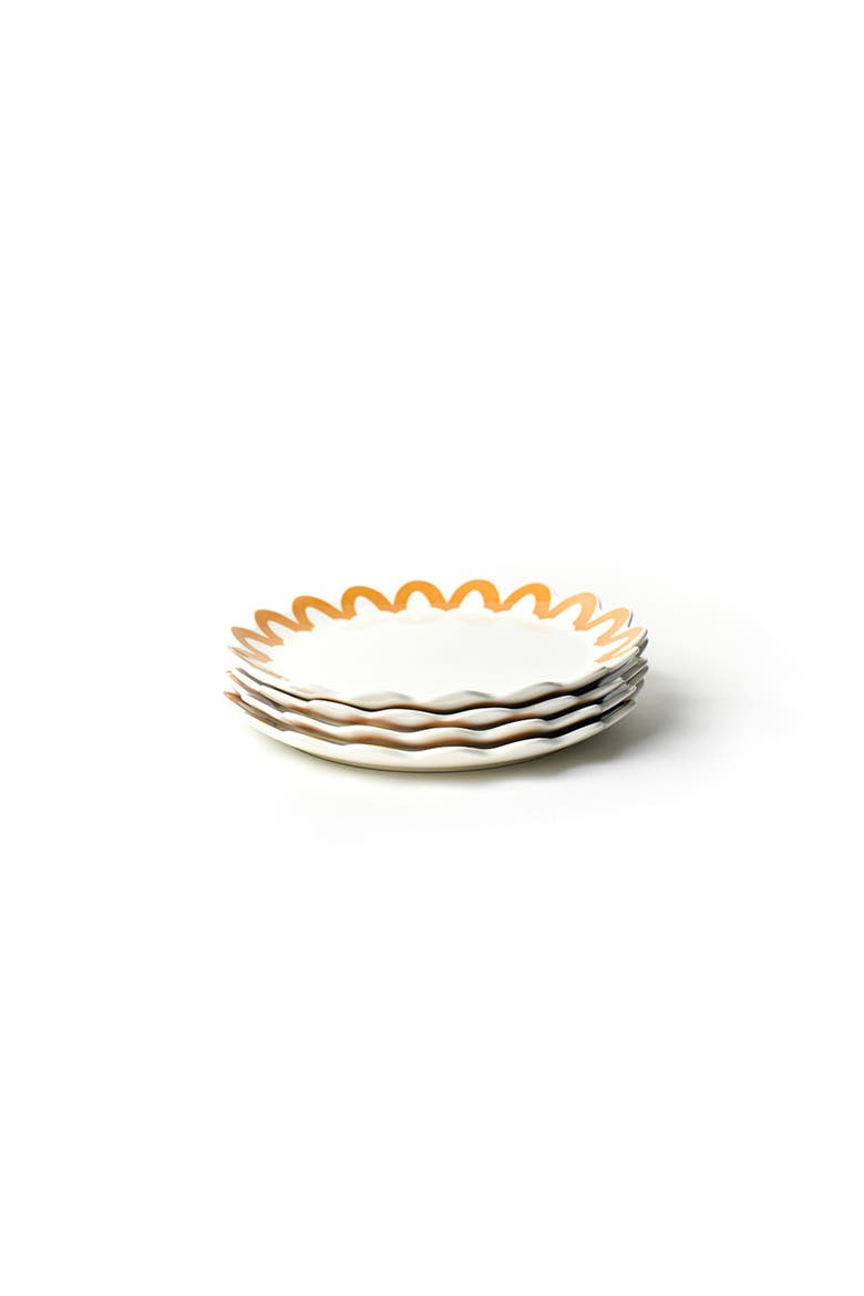 Brass Arabesque Trim Scallop Dinner Plate Set of 4, Main, color, Yellow