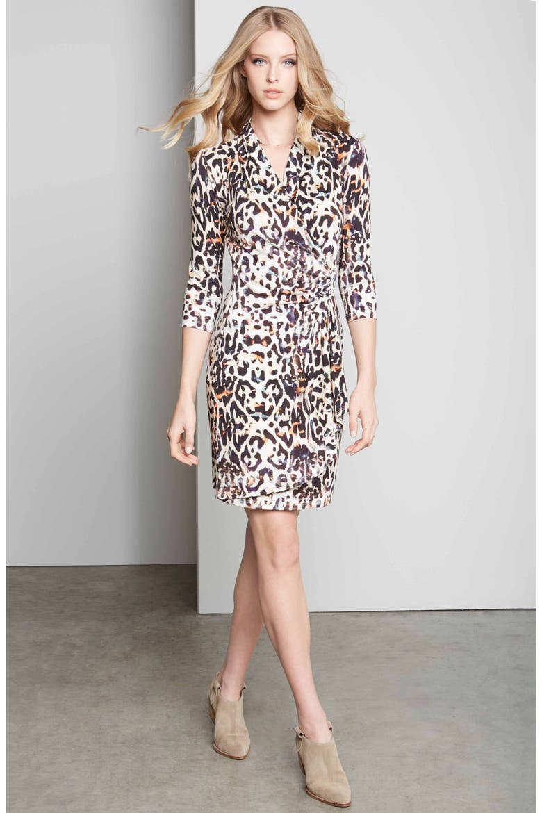 Cascade Animal Print Faux Wrap Dress, Alternate, color, BROWN LEOPARD PRINT