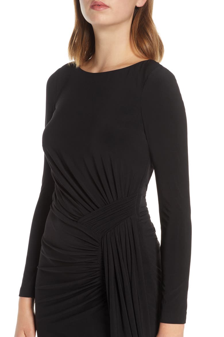 Long Sleeve Ruched Gown, Alternate, color, BLACK