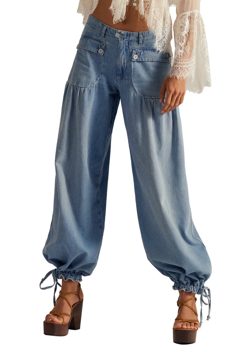 We The Free Lotus High Waist Tie Hem Barrel Leg Jeans, Main, color, BIJOU BLUE