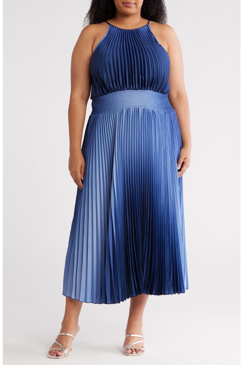 Ombré Halter Neck Pleated Midi Dress, Main, color, NAVY/ PERIWINKLE