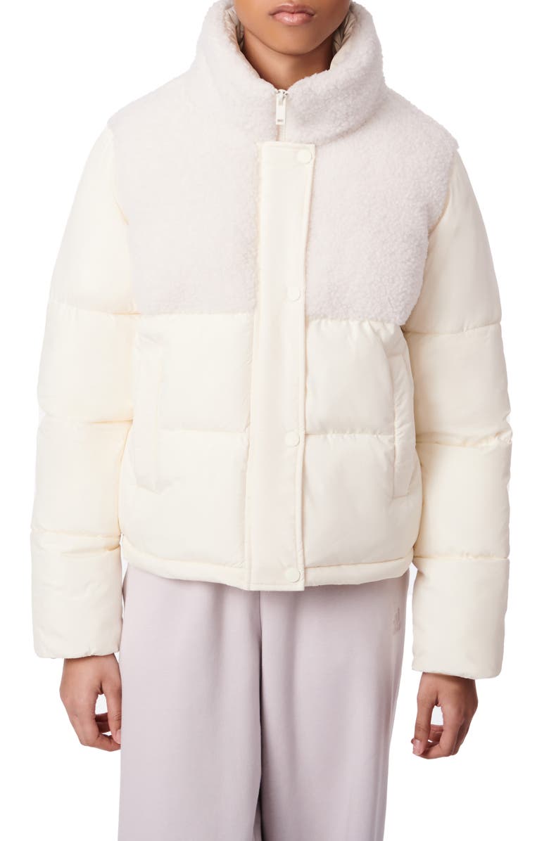 Bernardo High Pile Fleece Contrast Short Puffer Jacket, Main, color, Warm White