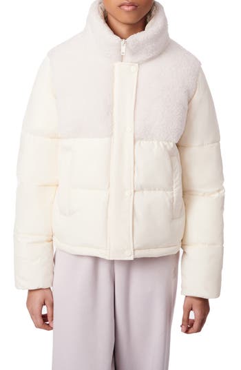 Bernie High Pile Fleece Contrast Short Puffer Jacket In Warm White