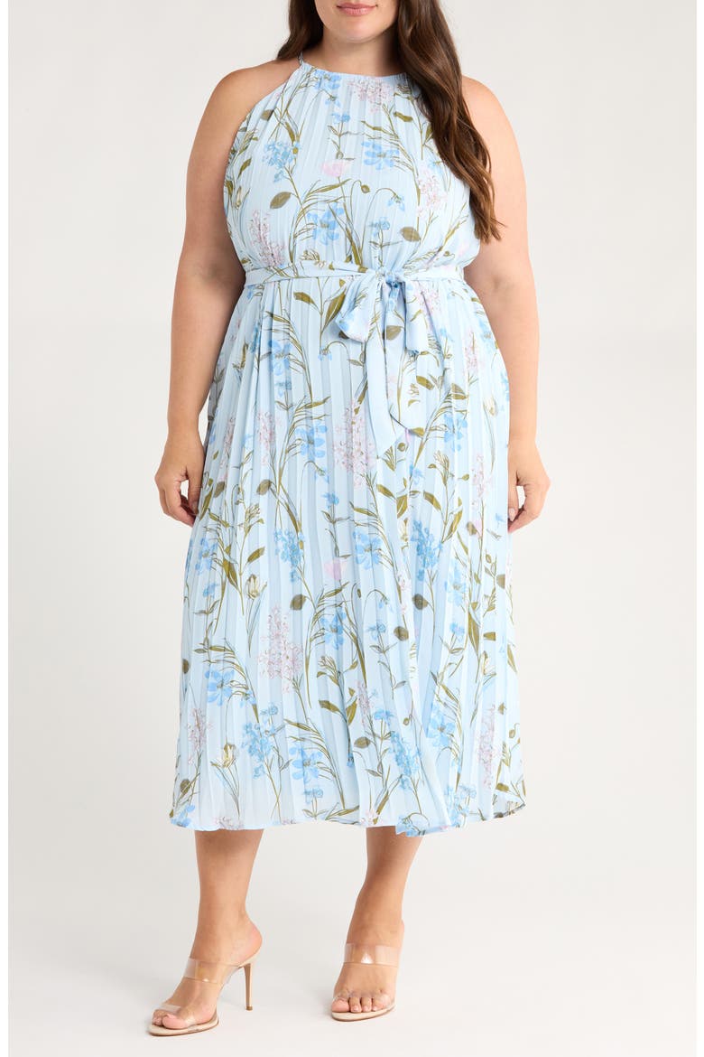 Leida Floral Pleat Midi Dress, Main, color, BABY BLUE