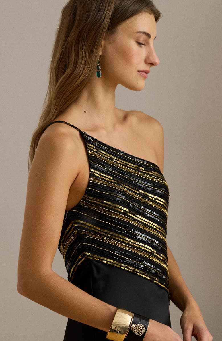 Lauren Ralph Lauren Beaded Mesh One-Shoulder Gown, Alternate, color, Black/ Gold